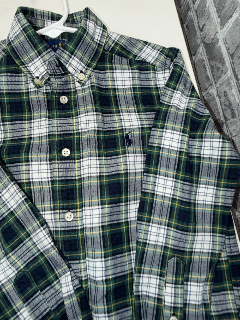 Bo's Ralph Lauren Navy, Green & White Plaid Button-Up Shirt
